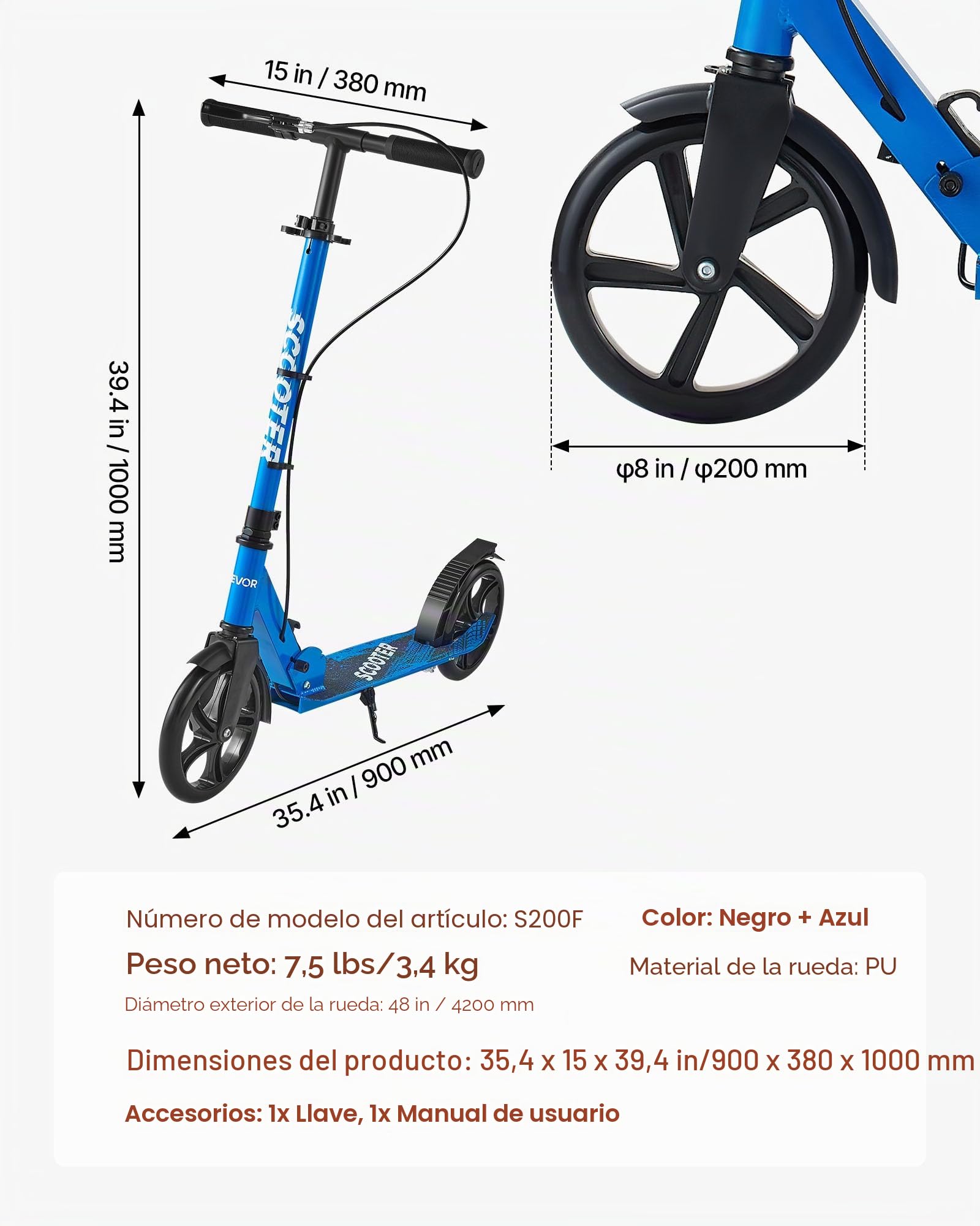 VEVOR Patinete a Niños a Partir de 8 Años, 2 Ruedas, con Manillar Regulable en Altura y Base Antideslizante, Freno Mano, Marco de Aleación Aluminio, hasta 100 kg, Negro Azul, 900 x 380 x 1000 mm