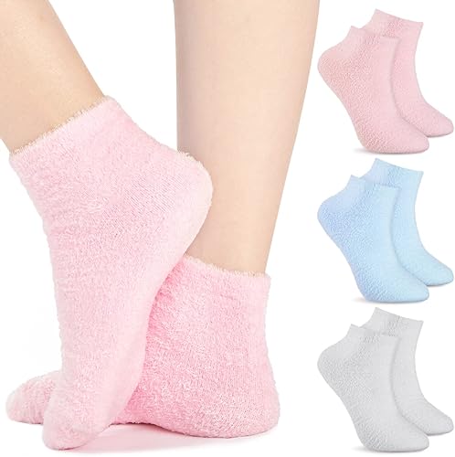 Janmercy 3 pares de calcetines de aloe hidratante con infusión de gel para dormir, pies secos y peludos, calcetines de loción antideslizantes para