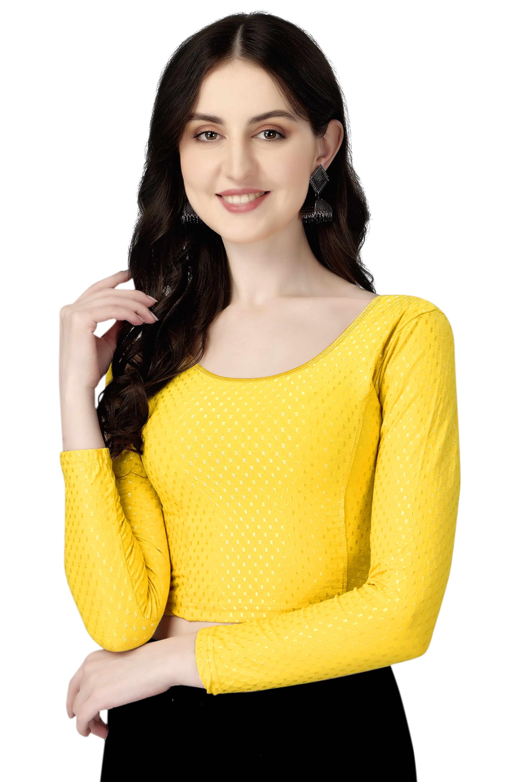 Shiv Textiles Round Neck Dobby Cotton Lycra Stretchable Elbow Sleeve Readymade Saree Blouse For Women Stylish (Yellowpluse Size Full Sleeve)