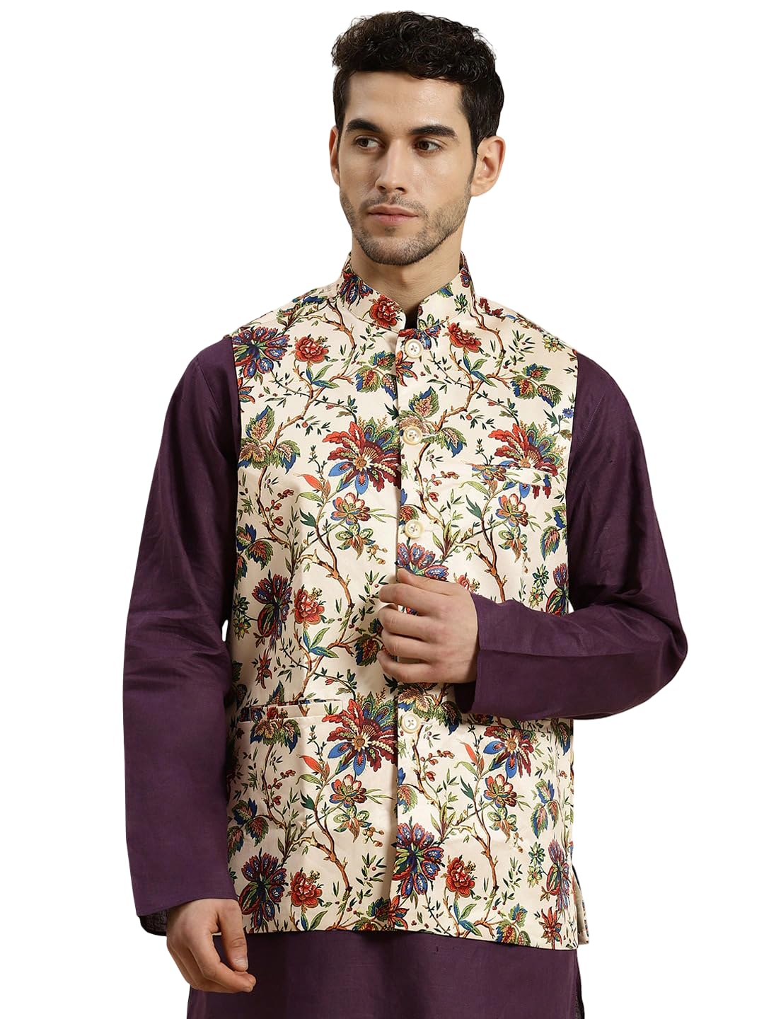 Men's Cream‑Beige Floral Patterned Nehru Jacket