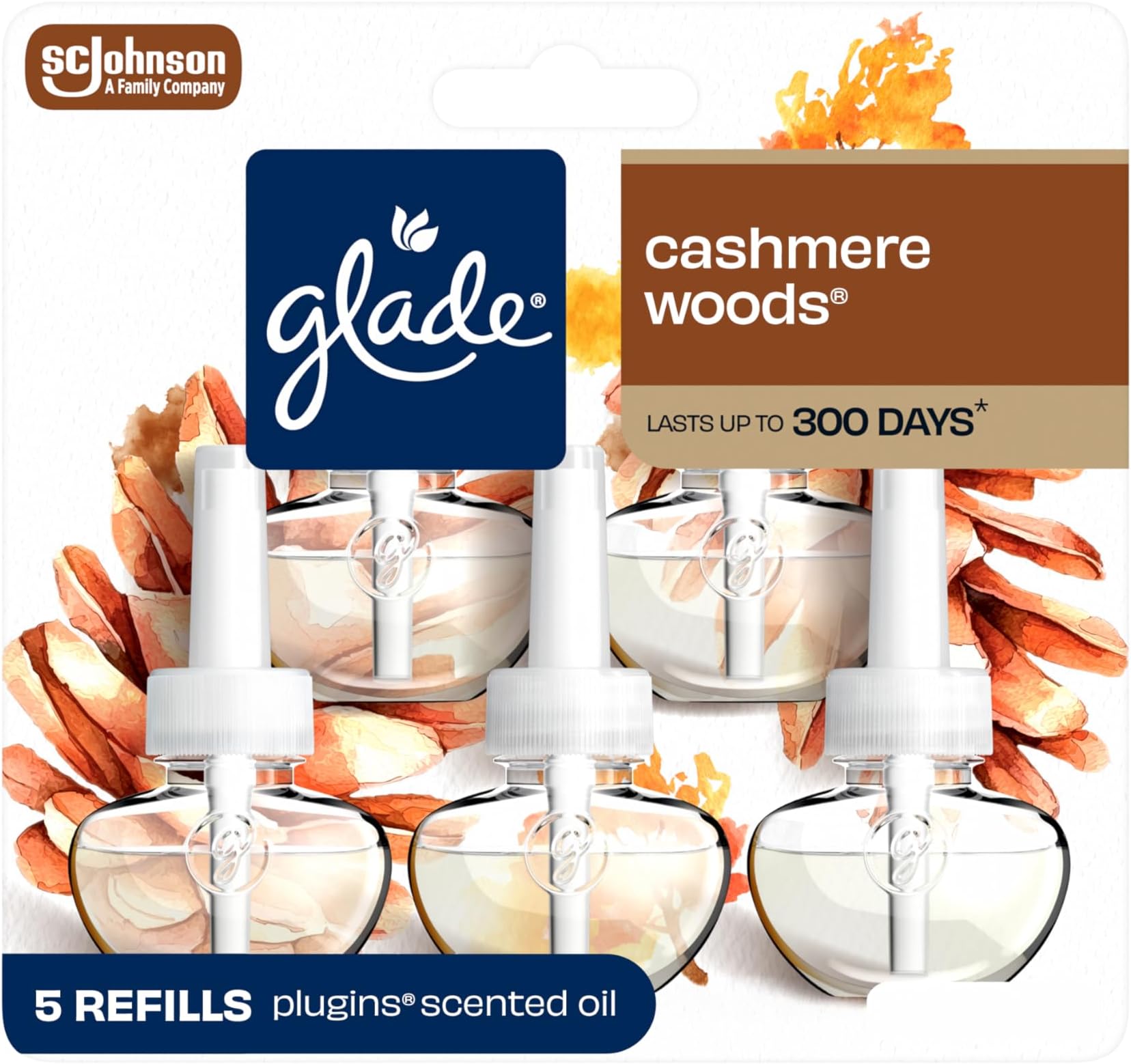 Glade Plugins Scented Oil Jasmine Air Freshener Refill, Cashmere Woods, 5Count
