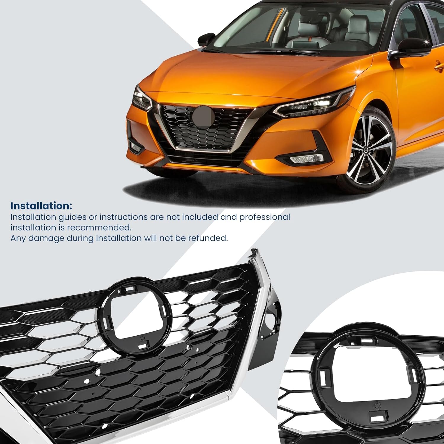Front Bumper Black Grille Shroud with Chrome Trim Compatible with 2020 2021 For Nissan Sentra S SV SR Front Air Intake Grill Replacement 623106LB0A