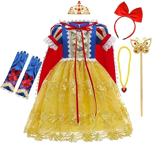 CinheyU Vestido de cumpleaños de princesa para niñas, disfraz de blanco nieve para Halloween, Navidad, disfraces de fiesta de cosplay con accesorios
