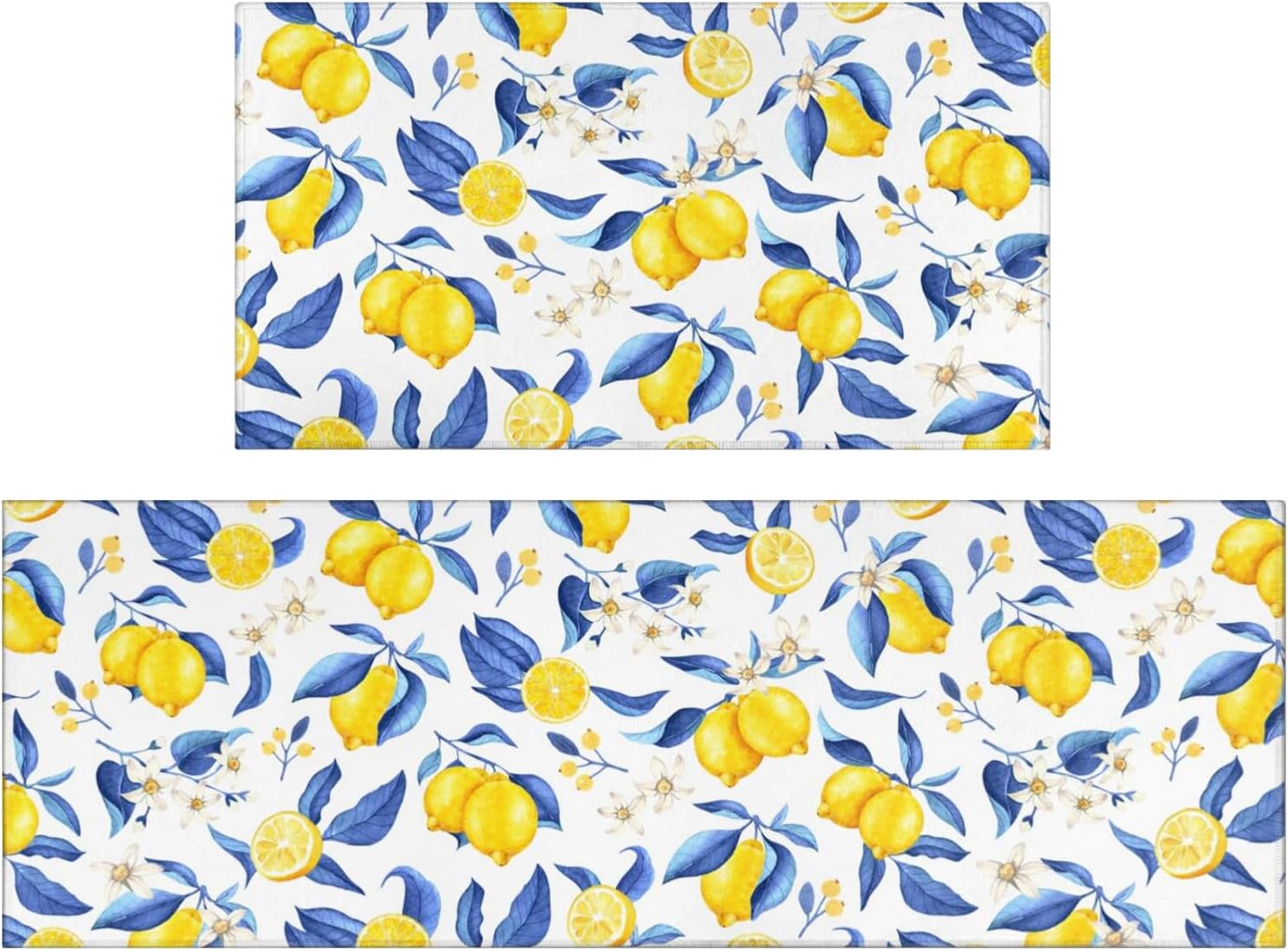 Lemon Kitchen Rugs and Mats Set of 2, Blue and Yellow Lemon Summer Farmhouse Non-Skid Washable for Kitchen Floor Sink Mats Decor and Accessories 17"x30"+17"x47"