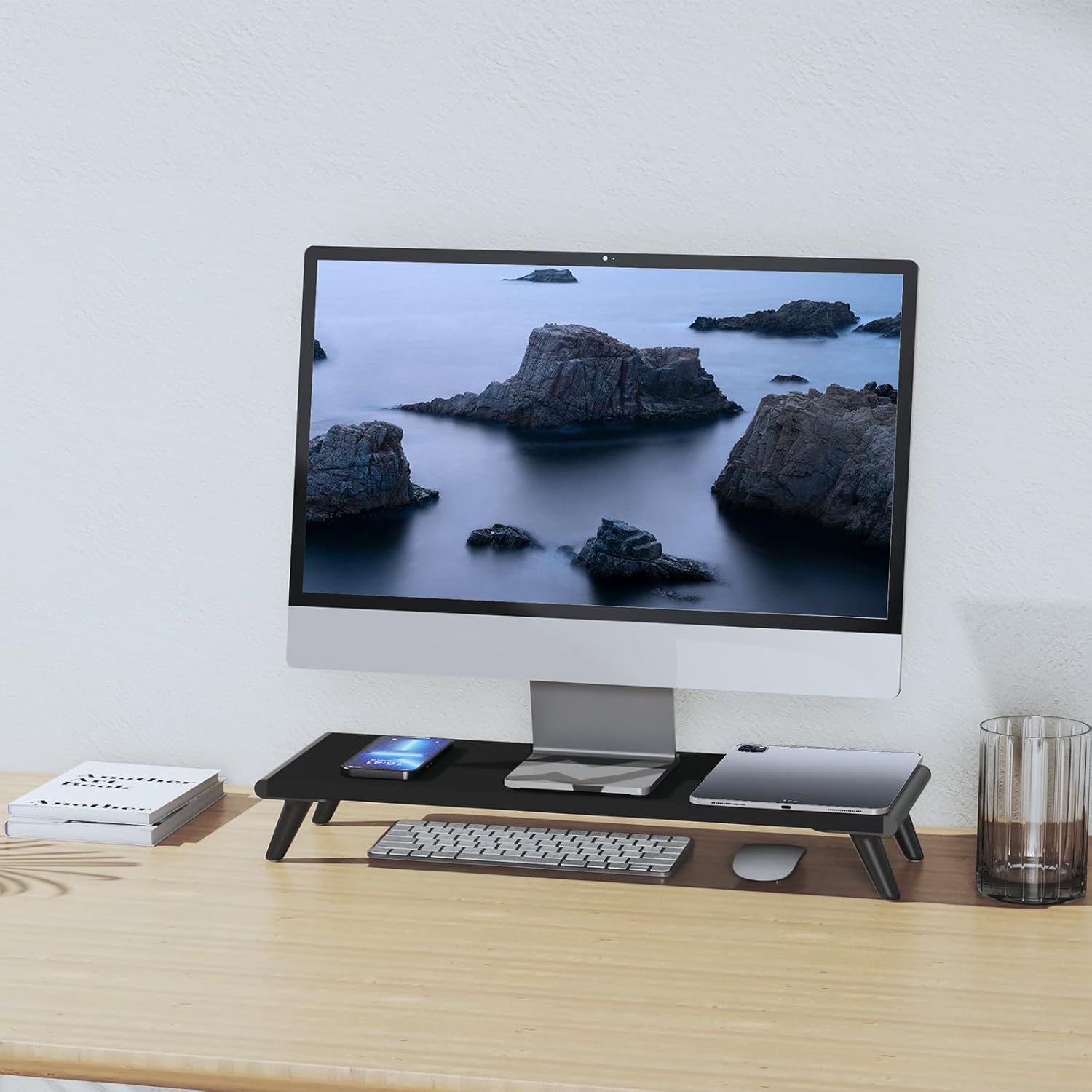 loukin Monitor Stand Riser for Desk, 22.4" x 8.3" Larger Computer Stand for Laptop, PC, Printer, Sturdy Desktop Computer Shelf with Non-Skid Rubber, Home Office (Black)