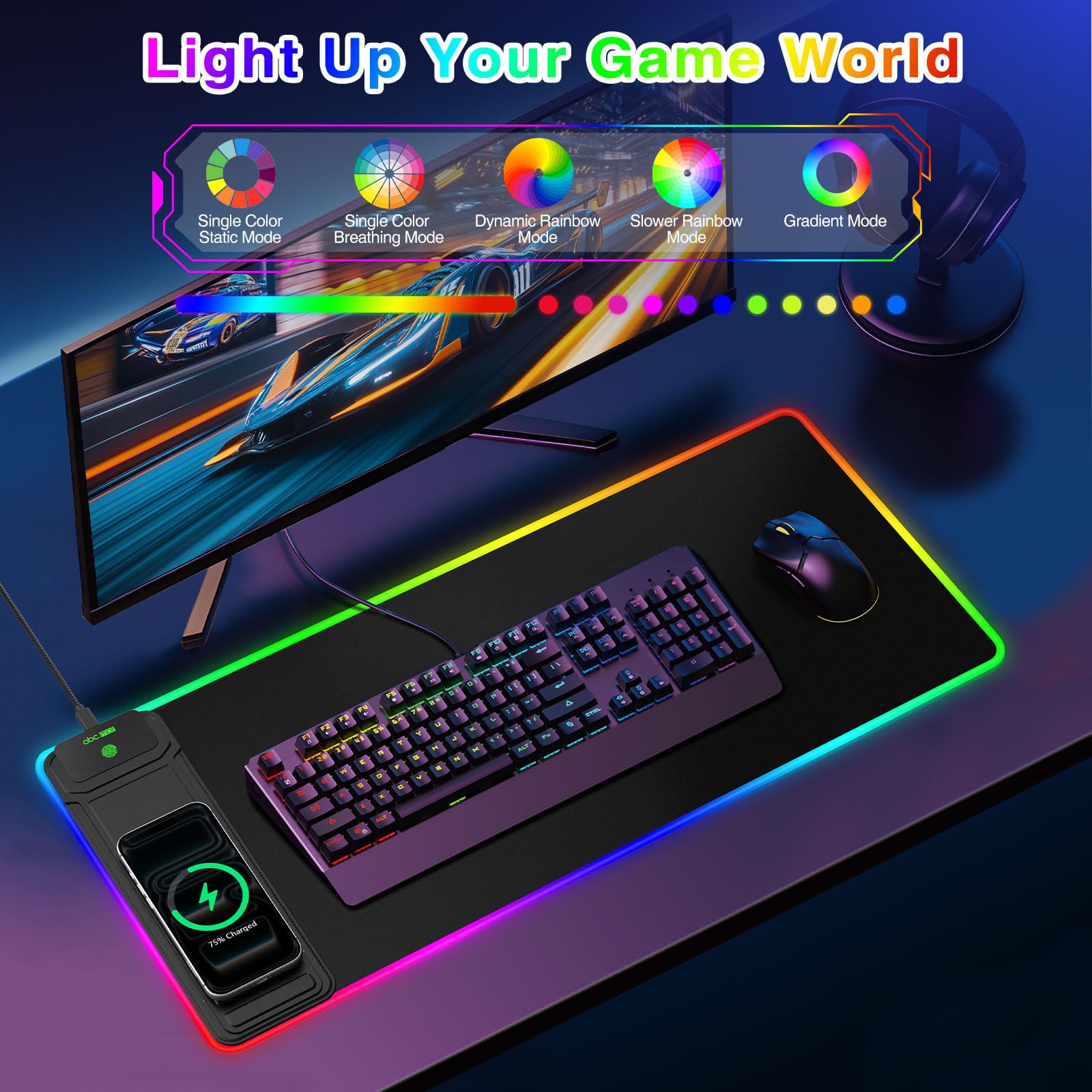 Tappetino per mouse da gioco XXL RGB LED con caricabatterie wireless magnetico e supporto pieghevole per telefono, 80 x 30 cm, tappetino da scrivania ultra liscio, 25 effetti di luce, base antiscivolo