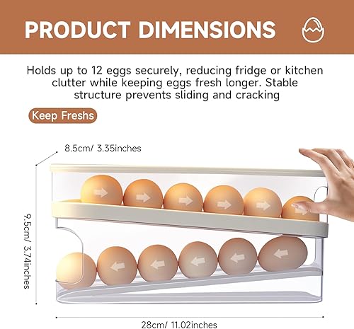 Miniatura 9 de Soporte rodante para huevos para refrigerador, dispensador de huevos de 24 unidades para refrigerador, organizador automático de contenedores de