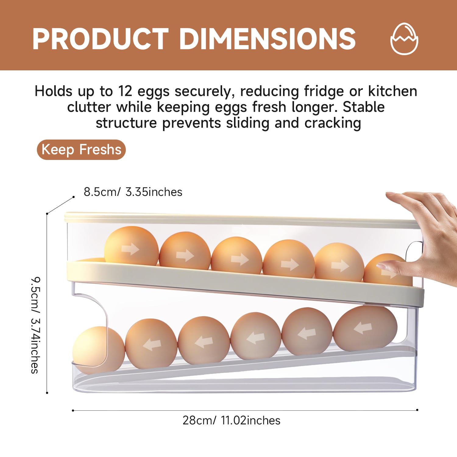 Soporte rodante para huevos para refrigerador, dispensador de huevos para refrigerador, contenedor de almacenamiento automático para encimera, cocina y uso al aire libre (3.35 x 3.74 x 11.02 7