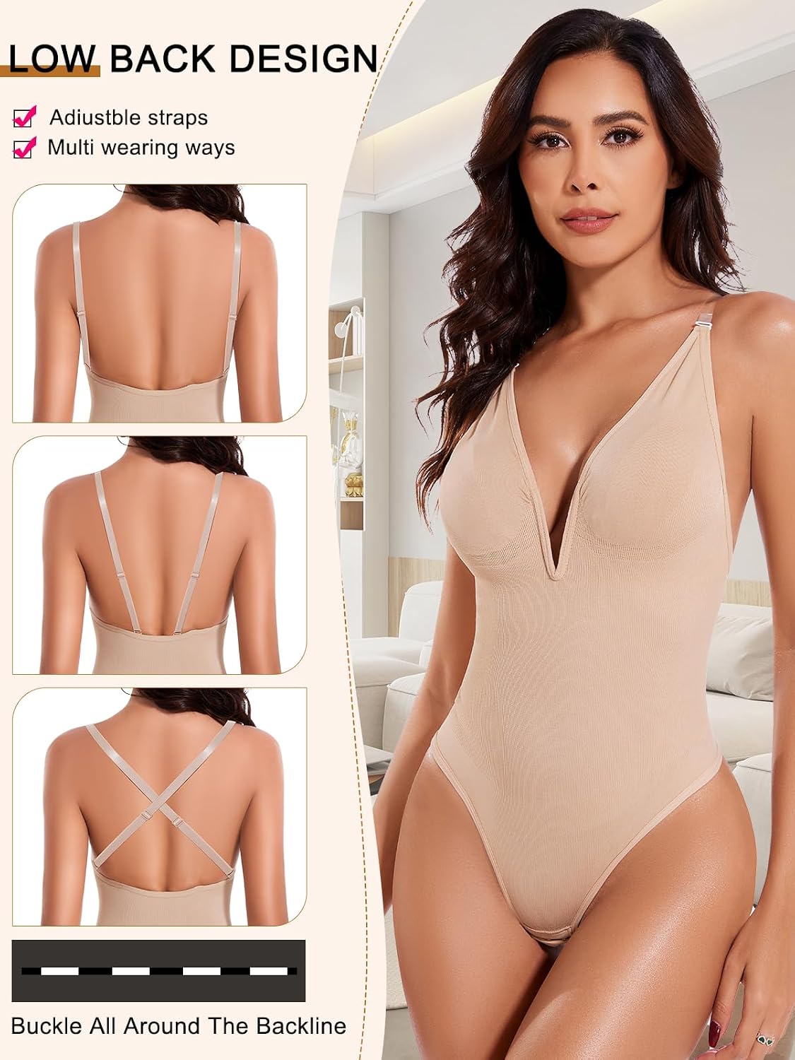 Deep V Backless Shapewear Bodysuit Tummy Control with Adjustable Straps for Women Seamless Body Shaper