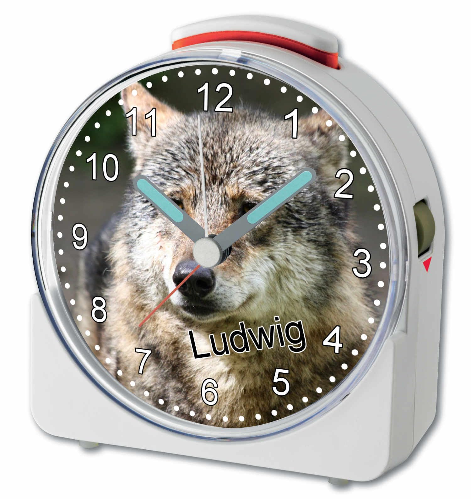 WU-71-1118, Wolf, analog Kinderwecker weiß, Funkwecker mit Sweep-Uhrwerk und fluoreszierenden Zeiger und Licht, personlisiert mit Namen, 10,2 x 4,6 x 11 cm