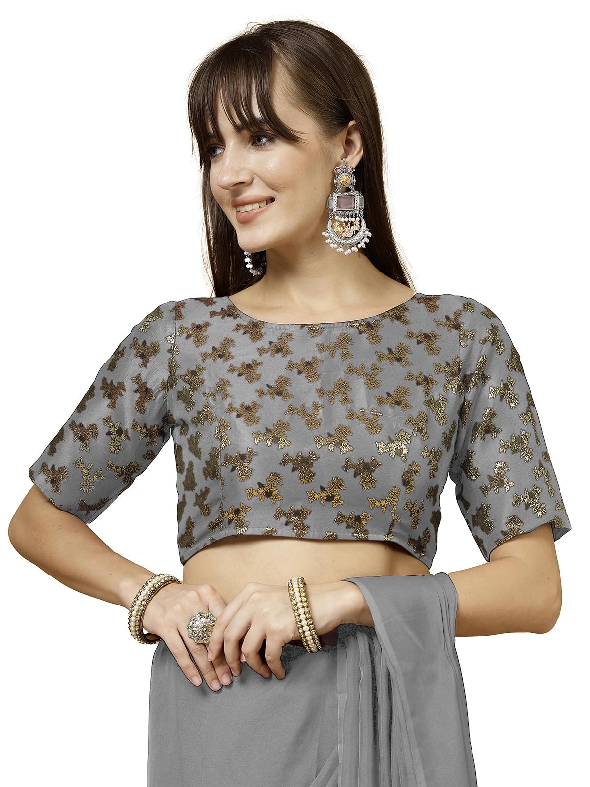 Oomph! Women's Indian Ethnic Wear Designer Botanical Pattern Zari Work Boat Neck Half Sleeve Cloud Grey Color Brocade Readymade Blouse For Saree Or Lehnga And Fusion Twist. Xl