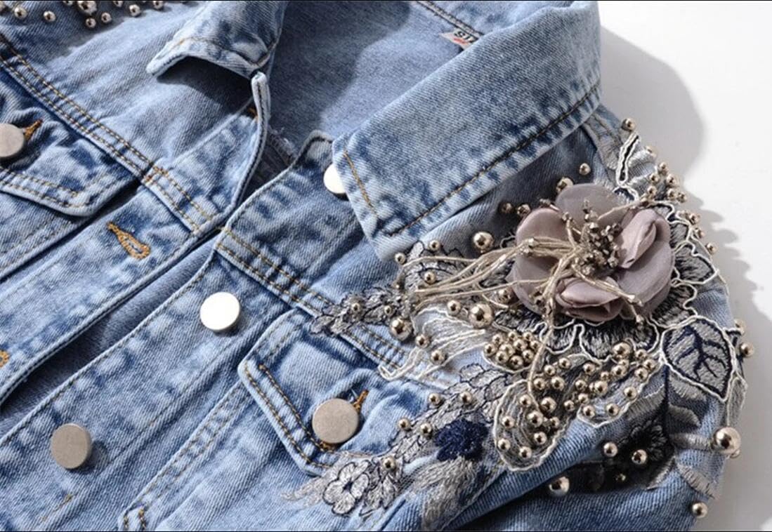 Kedera Women's Denim Jacket Long Sleeve Western Rivet Studded Washed Pearl Short Jean Coat - Image 4