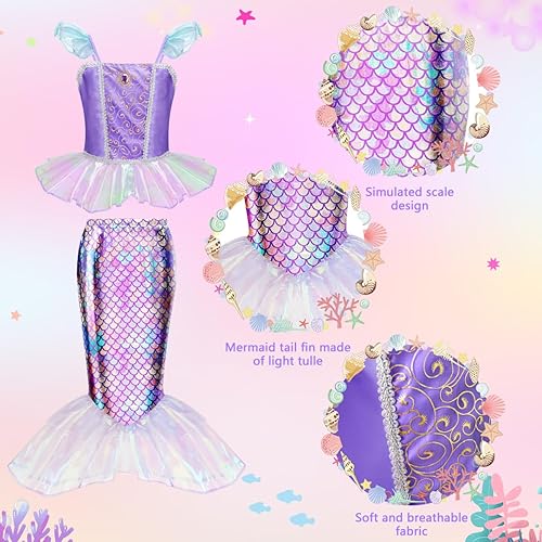 Miniatura 4 de Meland Vestido de Sirena Disfraz de La Sirenita con Bolsa para Niñas de 3-10, Vestido de Princesa para Regalo de Cumpleaños, Disfraz de Halloween