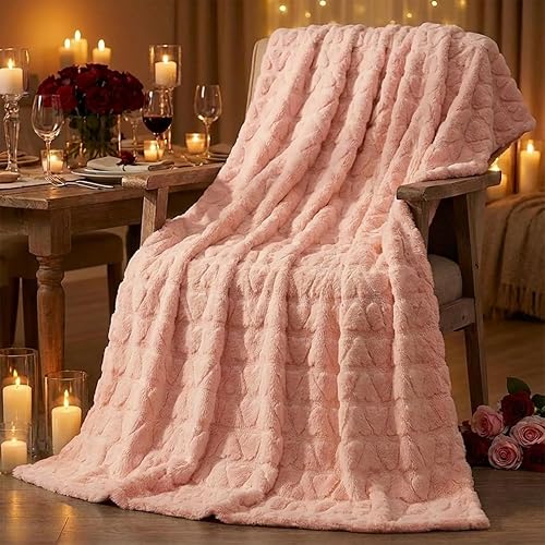 Horaldaily Valentine Blanket Throw, Pink Cute Love Heart Soft Fuzzy Plush Faux Fur Cozy Blankets for Couch Sofa Bed Lounging, Ideal Gifts for Kids Adults Wife Self, 50x60