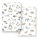 Stretchy Ultra Soft Jersey Knit Fitted Pack n Play Sheets Set 2 Pack, Portable/Mini Crib Sheets for Boys and Girls, Stylish Playard Sheets Fitted Safe and Snug, African Savannah Animals Pattern