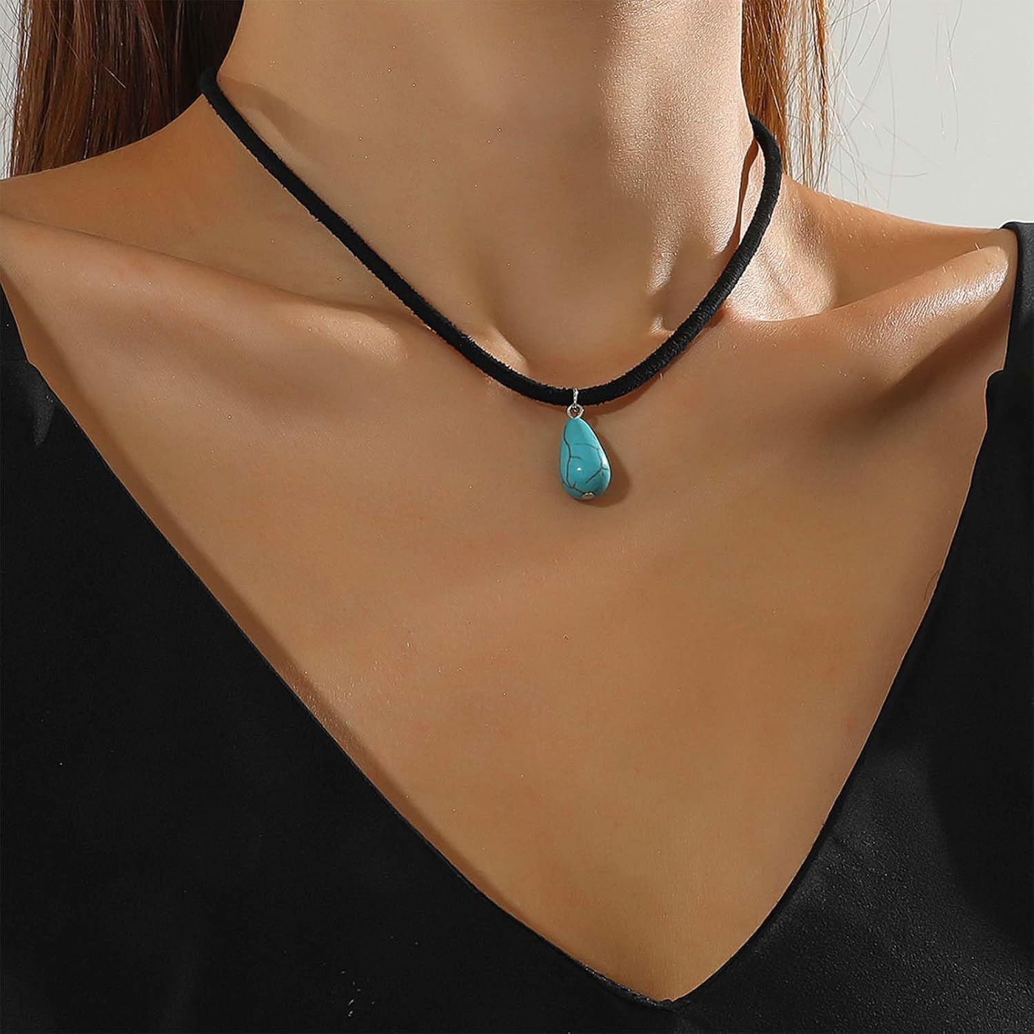 Vintage Turquoise Suede Choker Necklace Black Velvet Cord Necklace Blue Turquoise Pendant Necklace Teardrop Turquoise Necklace Black Leather Suede Necklace Jewelry for Women - Image 2