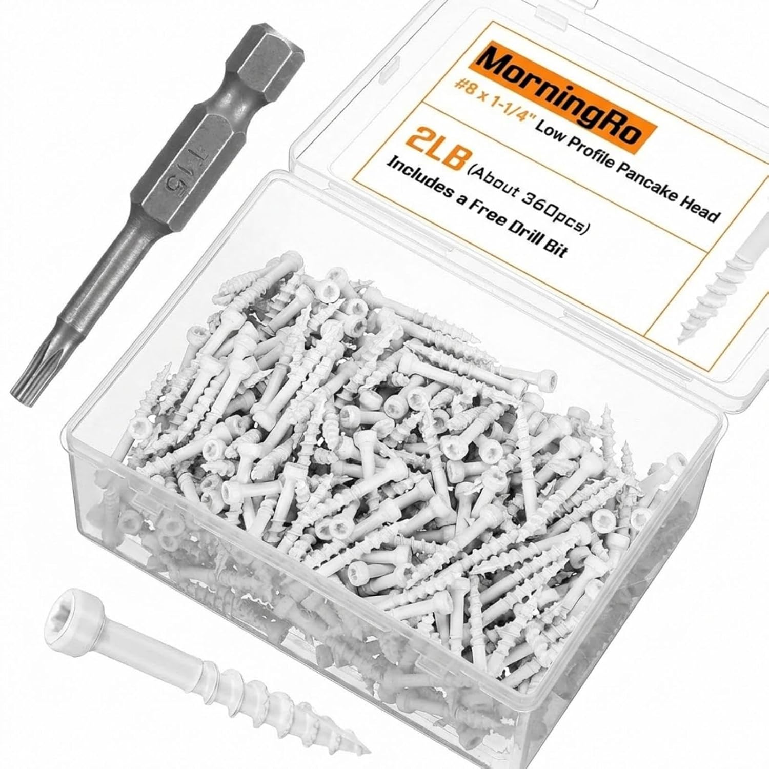 MorningRo #8 x 1-1/4" (Approx. 360 Pcs) White Trim Screws 2 lb Box, Durable Wood Screws, Serrated Thread for Secure Fastening, Avoid Cam Out, with a Drill Bit