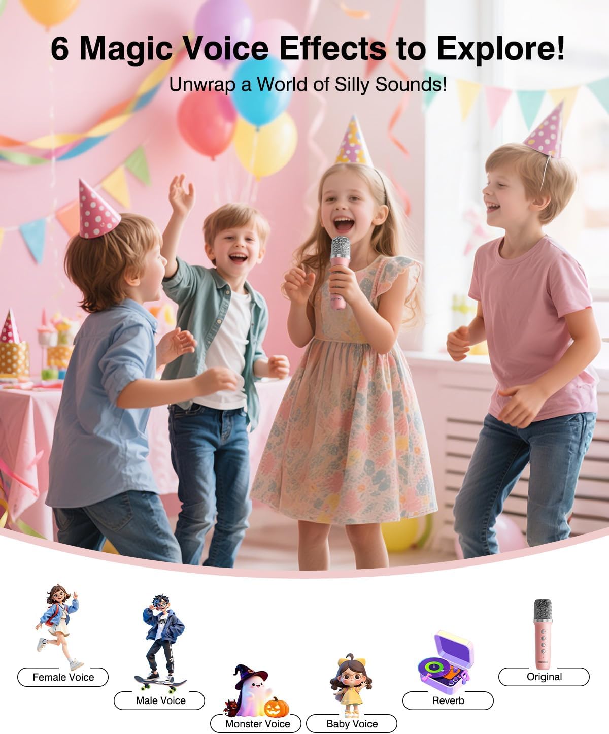 Karaoke Machine with Disco LED Lights for Adults Kids, Mini Portable Bluetooth Speaker with 2 Wireless Microphones, Birthday Gifts Toys for Kids Family Home Party (Pink) - Image 7