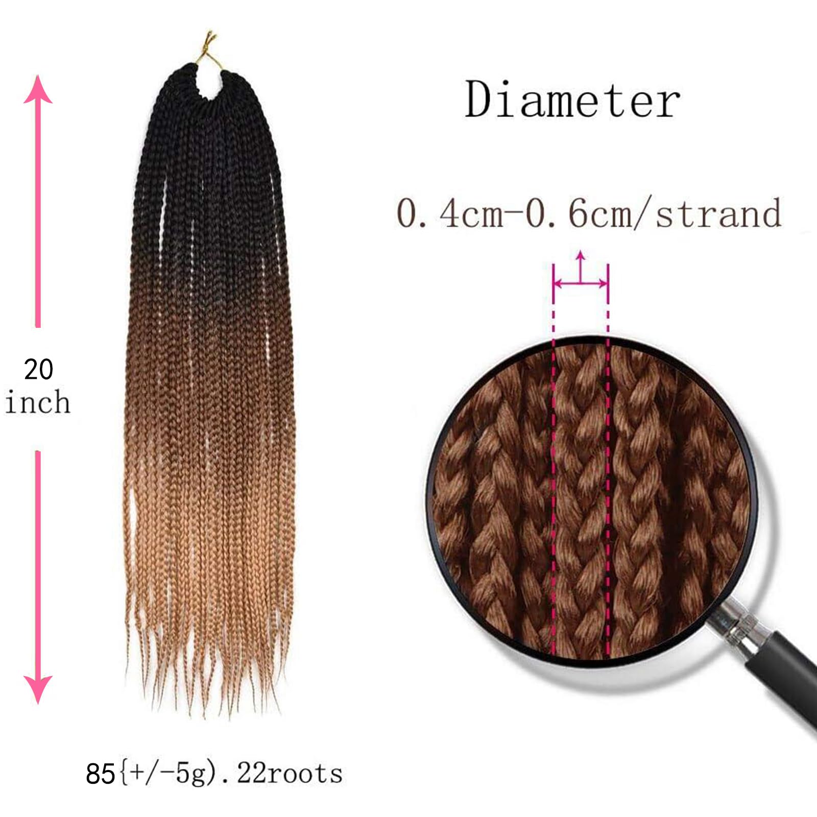 Box Braids Crochet Hair 20 pouces 6 Packs 3X Extensions de cheveux de tressage synthétique Crochet Braids Hair 22 Strands/pack (T1B/30/27#, 20 inch)
