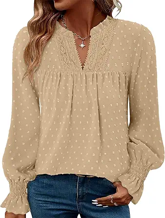 BETTE BOUTIK Women Boho Long Sleeve Shirts Dressy Casual V Neck Fall Fashion Tops Swiss Dot Flowy Blouses