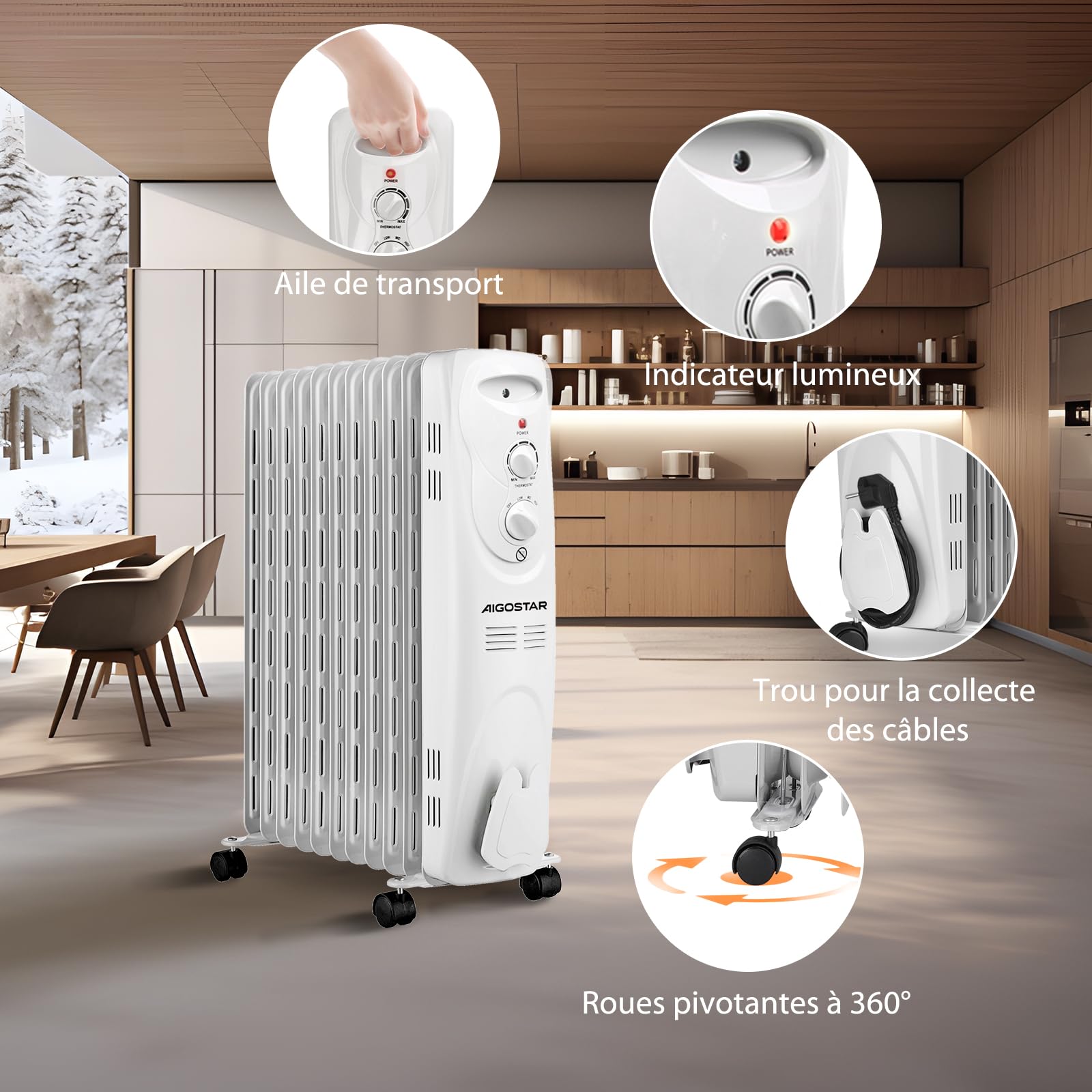Aigostar Radiateur à bain d’huile portable. 11 éléments, 2300 W. 3 niveaux de puissance et thermostat réglable. Couleur: gris clair. Design exclusif.-Pangpang 33IEJ