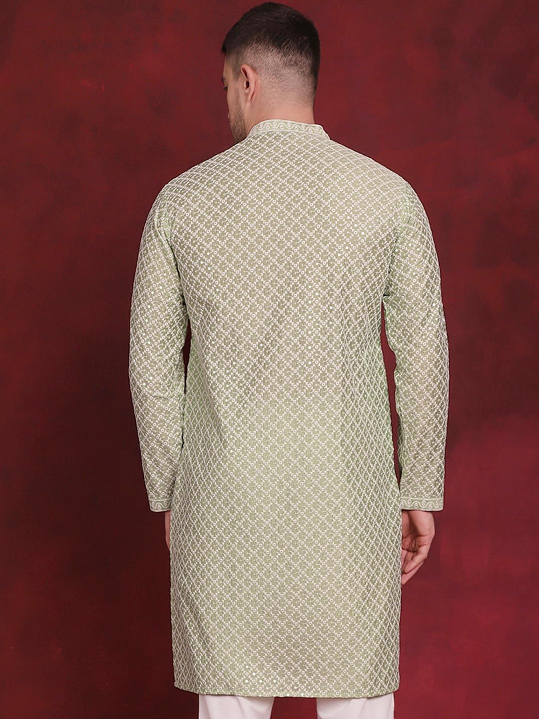 Jompers Men's Sequin Chikankari Front Open Kurtas (Pista, S)