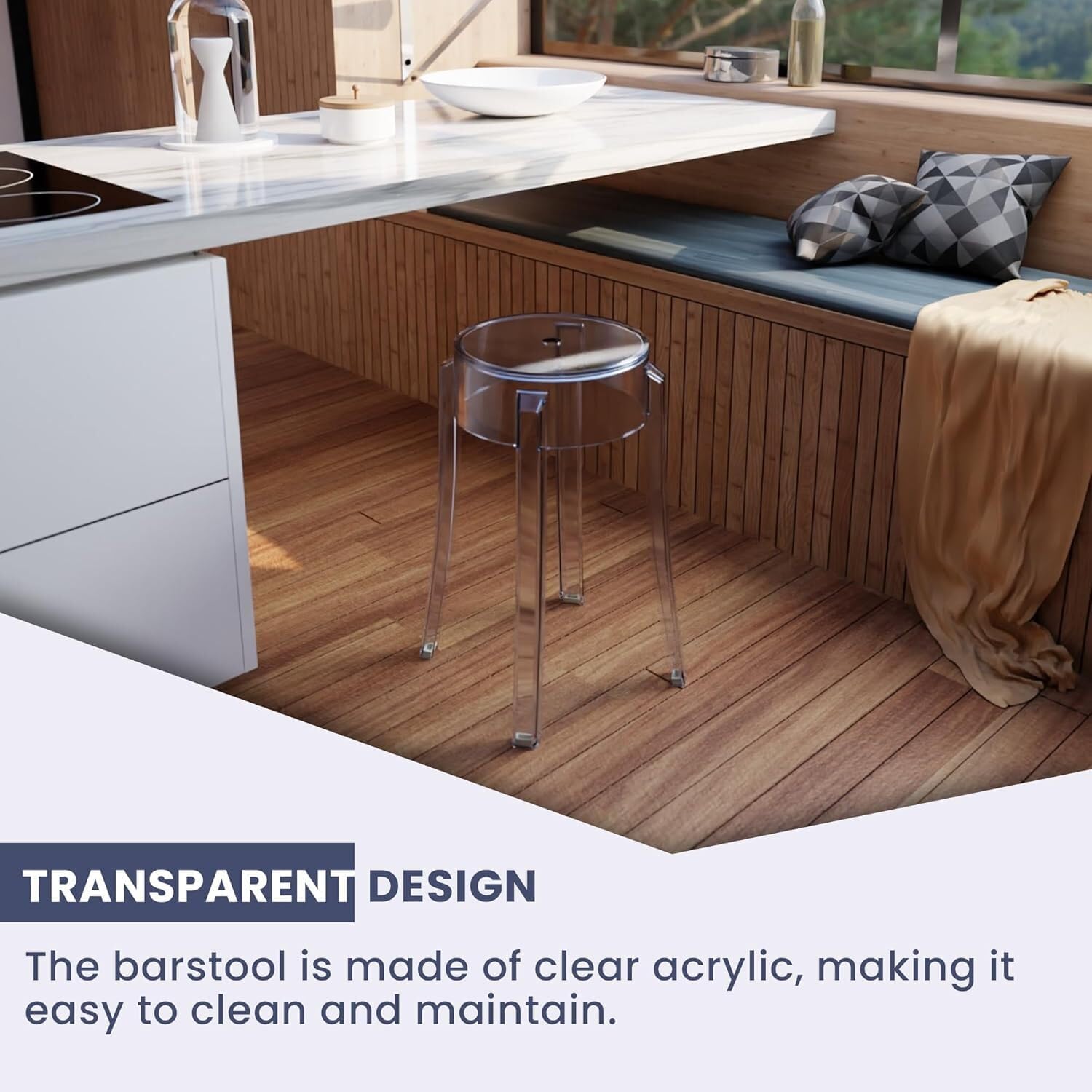 LeisureMod Mid-Century Modern Clear Plastic Dining Stool, Sturdy Seat & Legs for Kitchen & Dining Room, Single