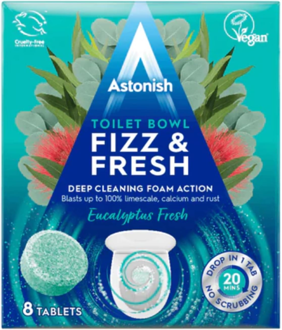 Foaming Eucalyptus Toilet Bowl Cleaner - Deep Cleaning Limescale, Calcium & Rust - No Bottle, Removes Hard Stains - Box of 8 Tablets