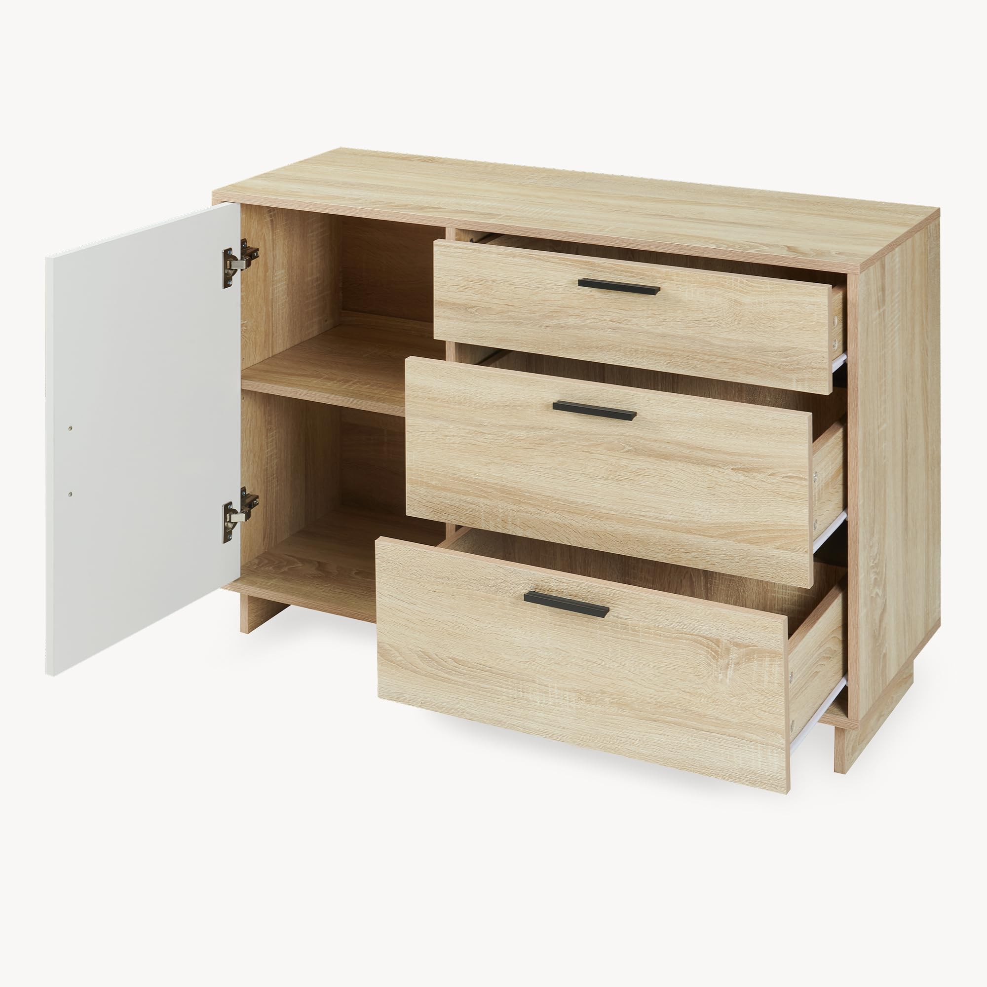 [en.casa] Aparador Kenta Cómoda Armario Bajo Mueble Recibidor con 3 Cajones y 2 Puertas Cajonera Multiusos Mueble Auxiliar 100 x 35 x 72 cm - Blanco y Efecto Roble