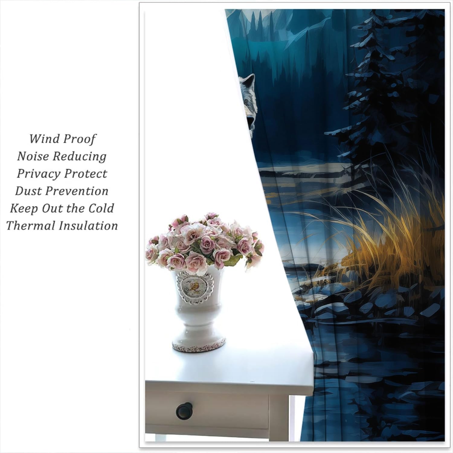 LHROOMJK Wolf Rod Pocket Blackout Curtains for Boy Girl Bedroom, Wildlife Abstract and Starry Night Sky Forest Thermal Insulated Home Window Drapes for Living Room Darkening, 42x45 inch