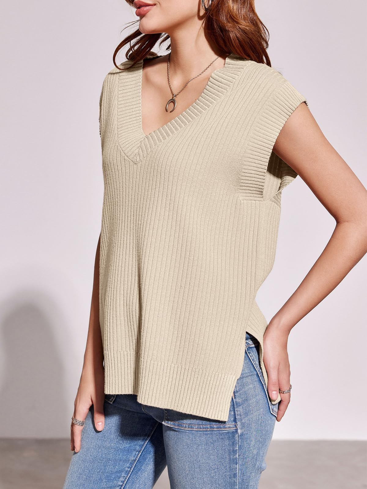 Saodimallsu Damski sweter z dekoltem w serek, oversize, bez rękawów, lekki i elegancki letni sweter
