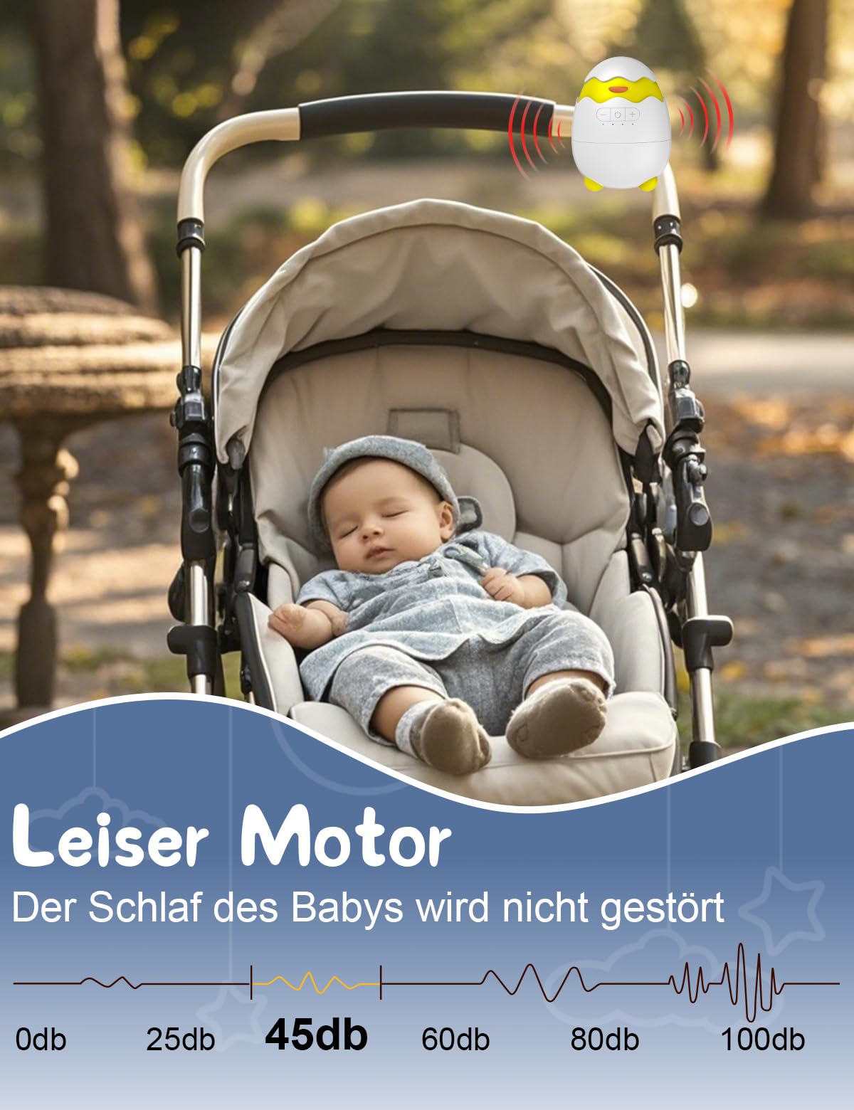 Robofun Kinderwagenschaukler- Das Original Schlafhilfe für Baby, 5 Einstellbare Schaukelintensitäten, USB-C Aufladbar, Tragbare Schaukelfunktion für Den Kinderwagen Beweger Elektrisch, Weiß - 5
