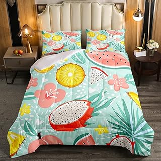 Erosebridal Pineapple Bedding Set Twin Size for Kids Boys Girls Teens Pitaya Watermelon Comforter Sets Tropical Fruit Down Comforter Green Leaf Flower Decor Duvet Sets with 1 Pillow Case