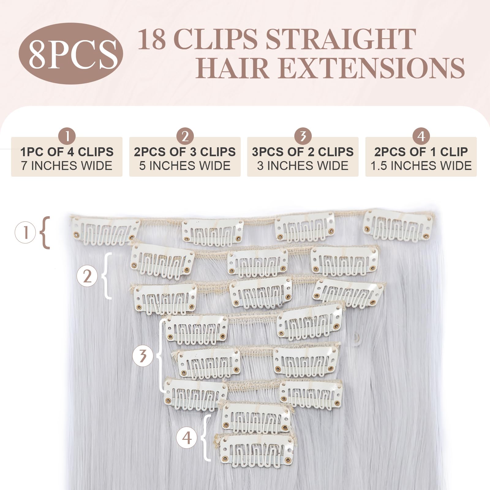 SEGOHAIR 23" Long Curl Clip in Hair Extensions - 8 Pcs, 18 Clips, Synthetic Fiber, Seamless, Full Head - Silver Gray - Image 2