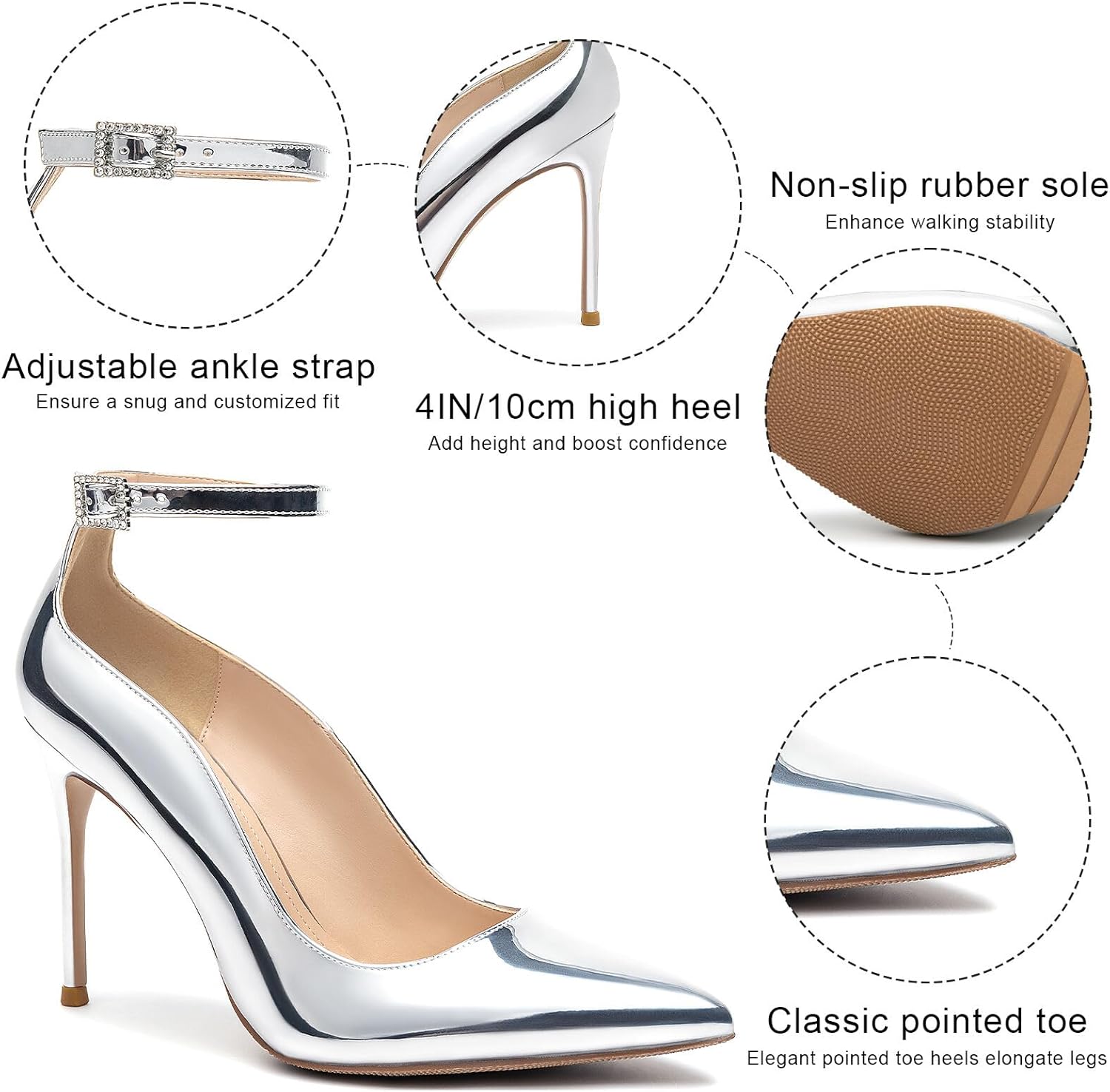 Women's Closed Pointed Toe High Heels Pumps Ankle Strap 4IN Stiletto Heels Classic Office Dress Wedding Shoes - Image 4