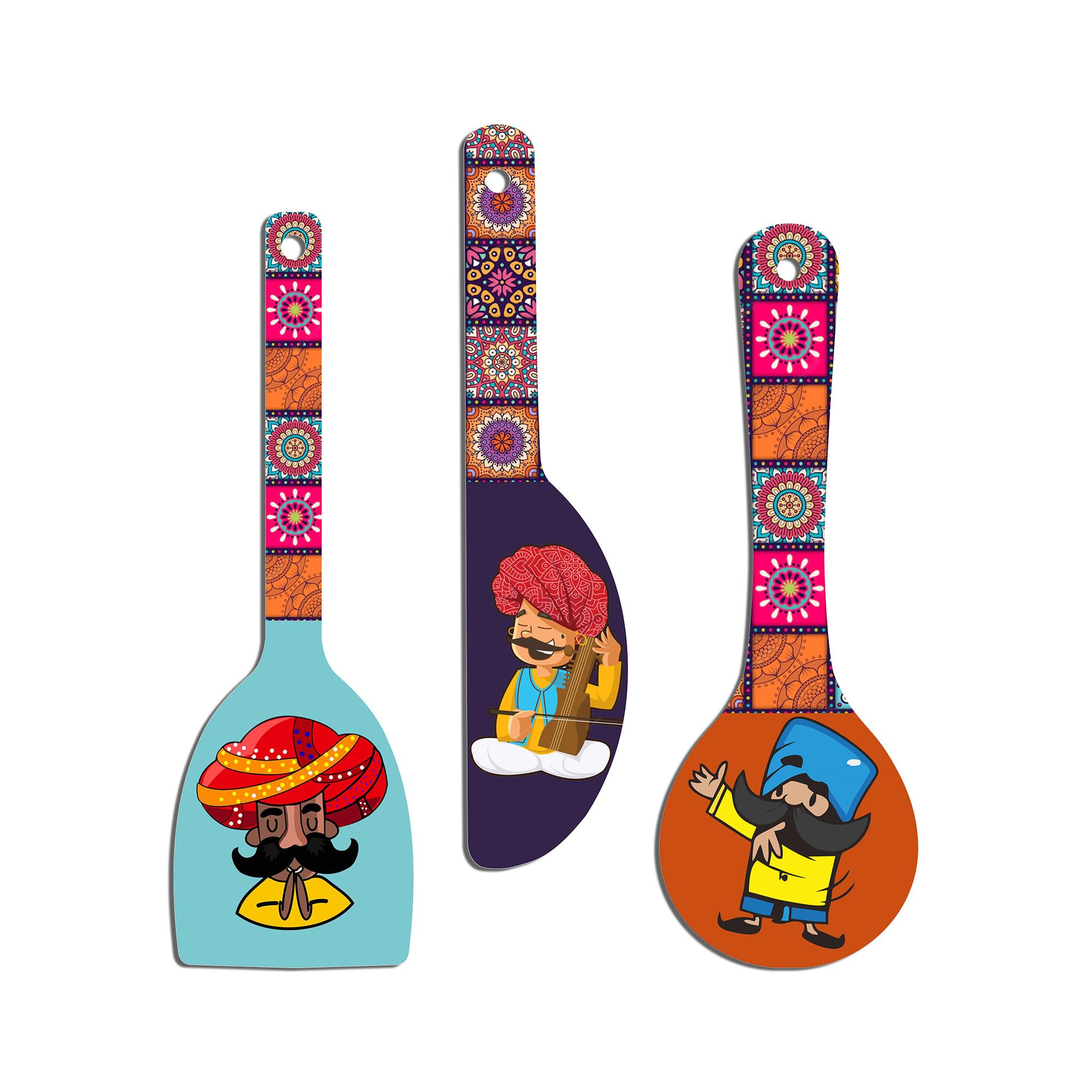 Decor Smart Rajasthani Character Wooden Spoon Wall Hanging Set of 3 | Indian Folk Art Kitchen Decor | Ethnic Home Wall Art | Gifts | Decorative Modern Wood Wall Artwork for Home Decor (DWA_5012)-image-45
