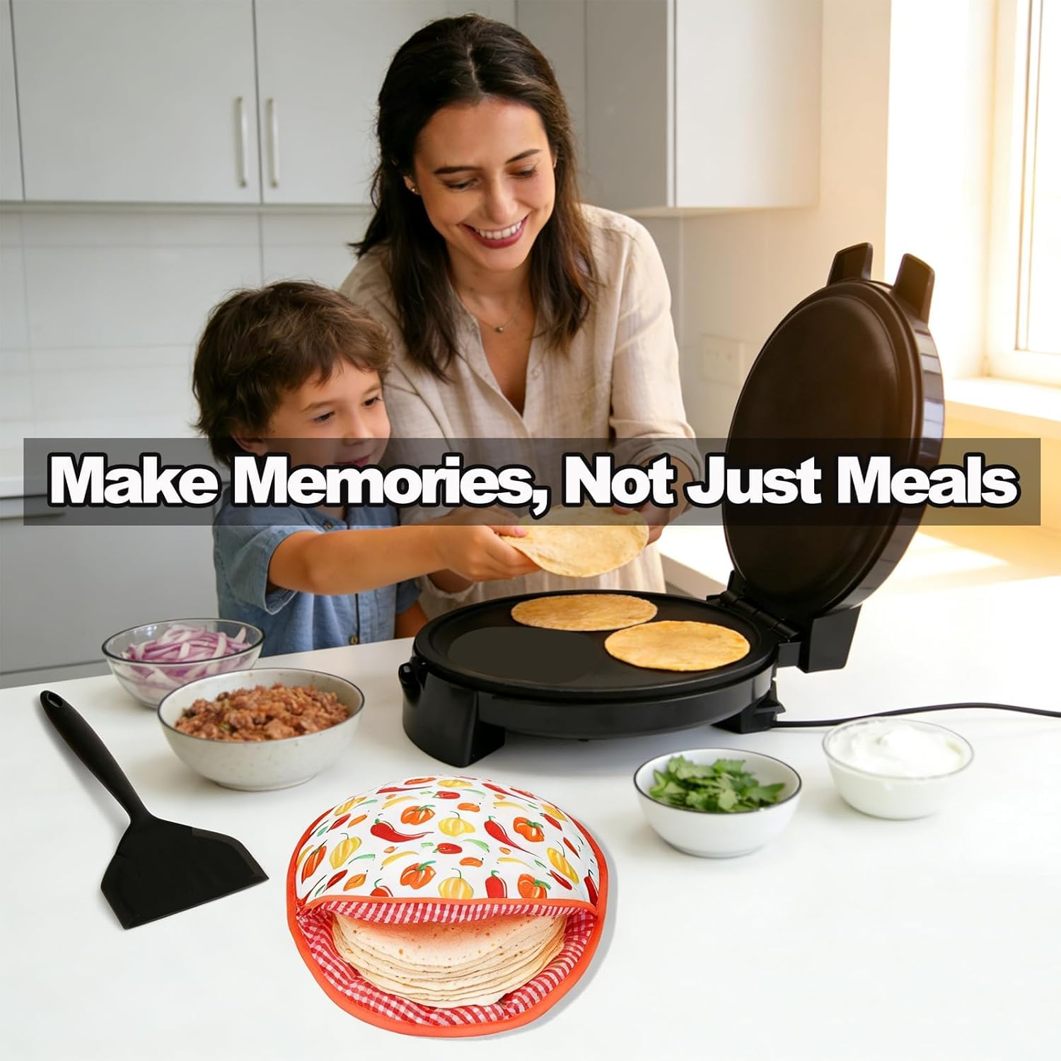 10" 1200W Electric Tortilla Press & Chapati Maker - for Roti, Crepes, Grilling | Includes Warming Bag & Spatula (Black)