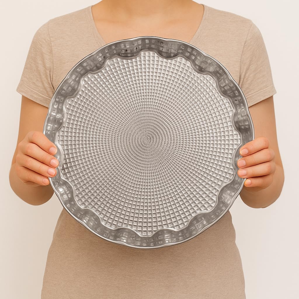 Alisveristime Rundes Serviertablett aus Metall für 6 Personen, Ottomanen-Motiv, (35,1 cm Durchmesser, 496 g) (Silber)