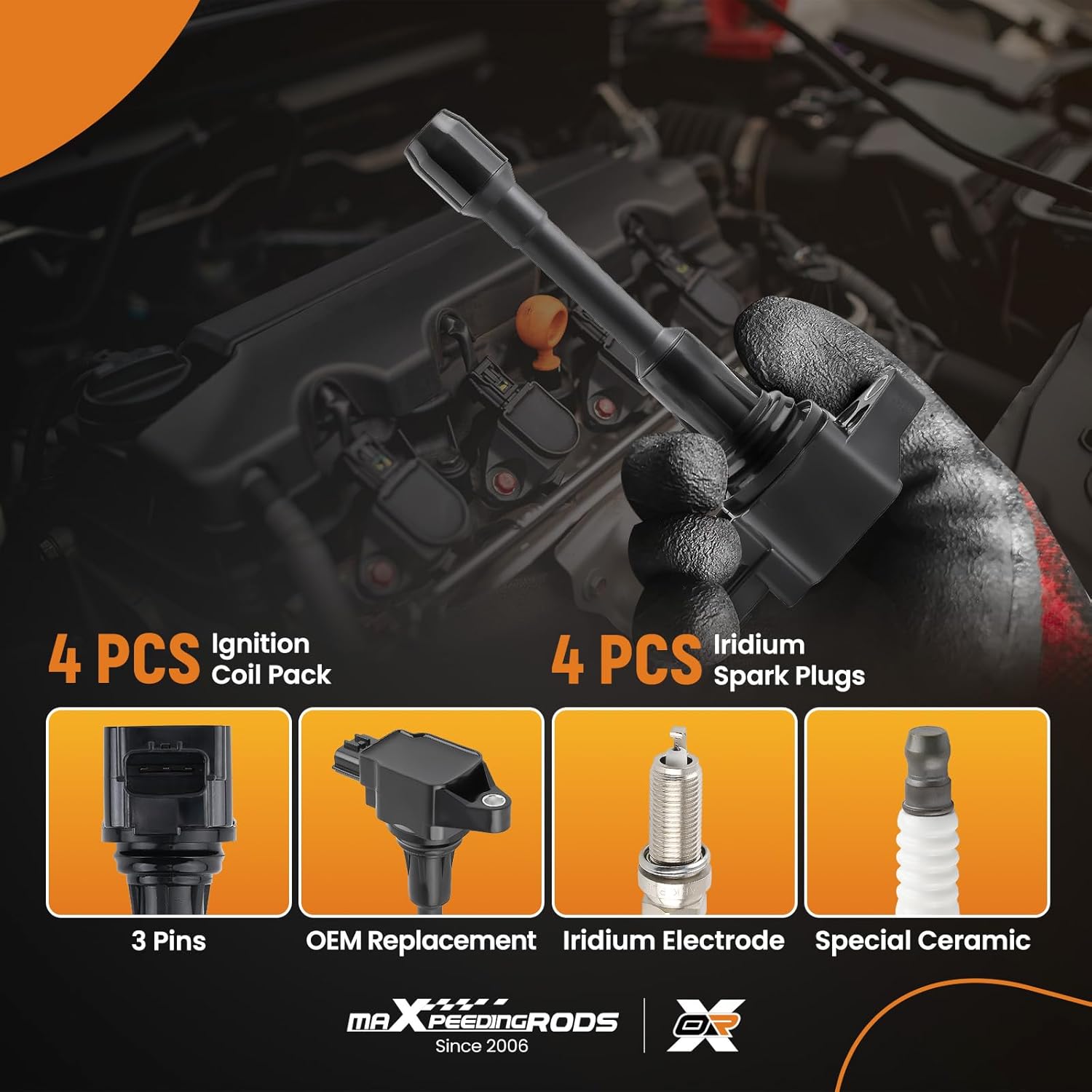 maXpeedingrods UF549 Ignition Coil 9029 Spark Plug for Nissan Infiniti L4 V8 Engine, 2007-2018 Altima 2.5L, 2008-2013 X-Trail Rogue, 2007-2019 Sentra, 2014-2017 QX60 QX70 Q70 Q70L (Set of 4)