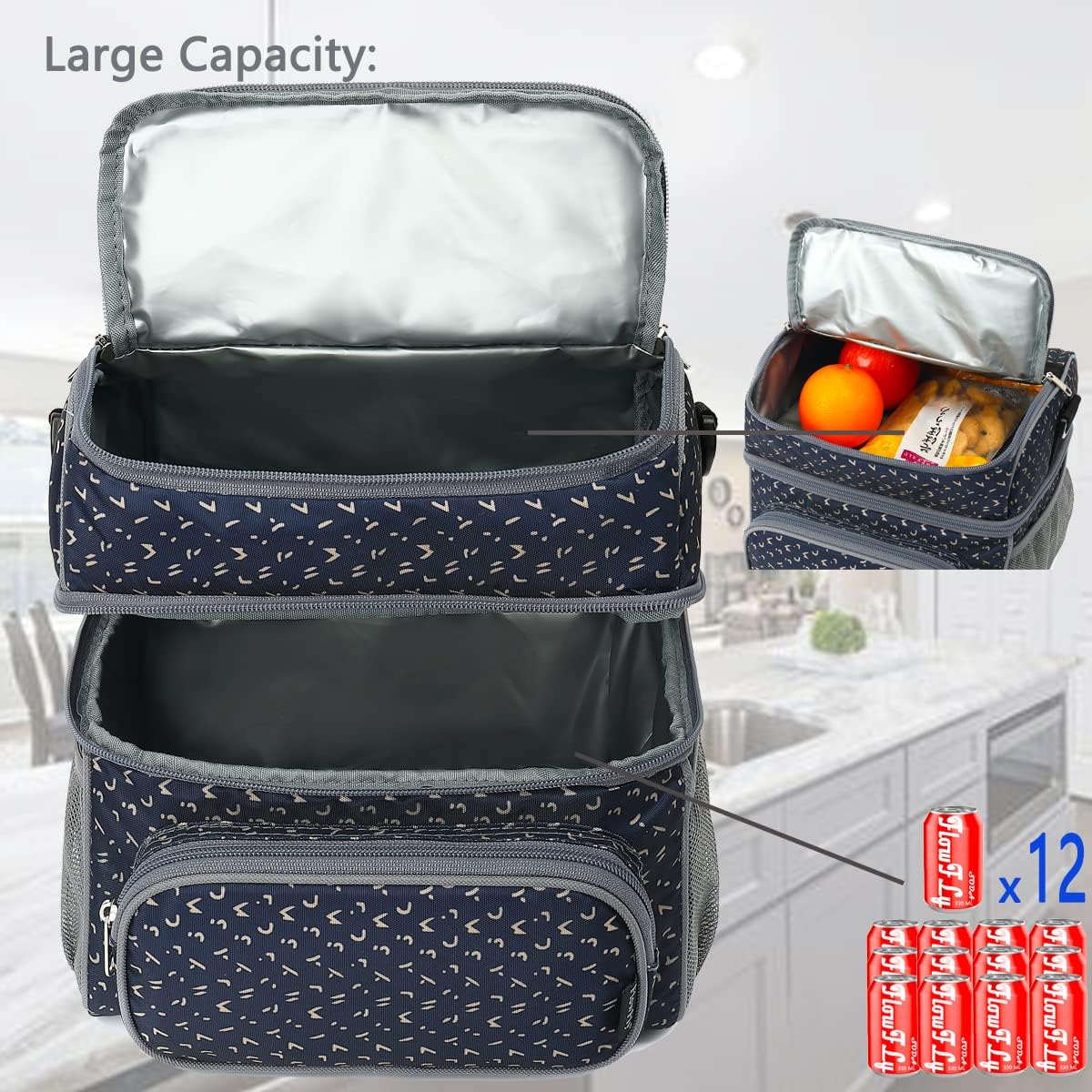 FlowFly Double Layer Cooler Insulated Lunch Bag Adult Lunch Box Large Tote Bag for Men, Women, With Adjustable Strap,Front Pocket and Dual Large Mesh Side Pockets - Image 5