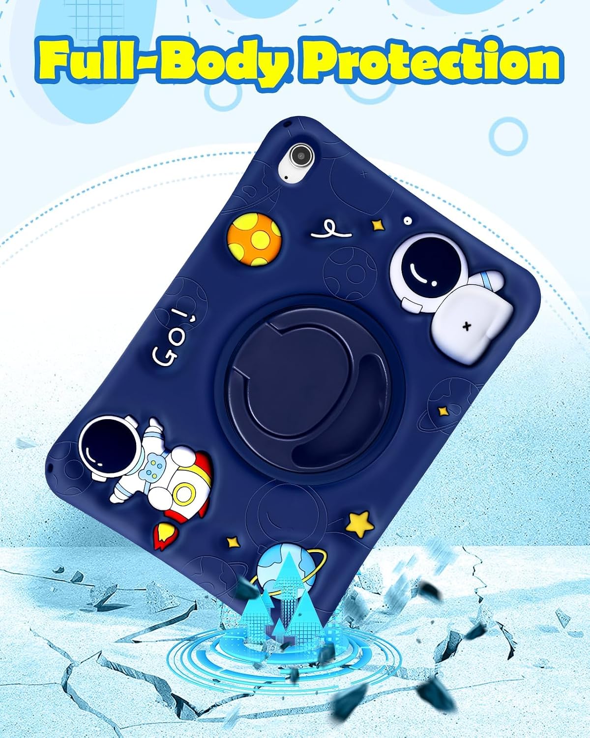 Wazzasoft for iPad A16 Case - for iPad 10th Generation Case Boys Cute Astronaut Cover Kawaii 3D Cartoon Cool with Rotating Handle Stand + Strap Soft Silicone Funda for Apple 10/11th Gen 10.9 Inch