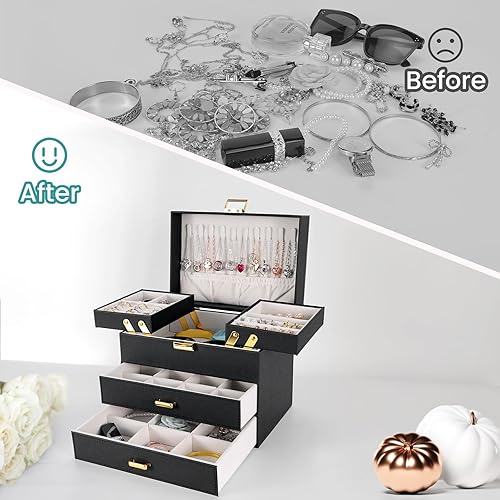 Miniatura 2 de Dajasan Cajas de joyería para mujeres y niñas, caja organizadora de joyas, 4 capas grandes de almacenamiento de joyas para aretes, anillos,