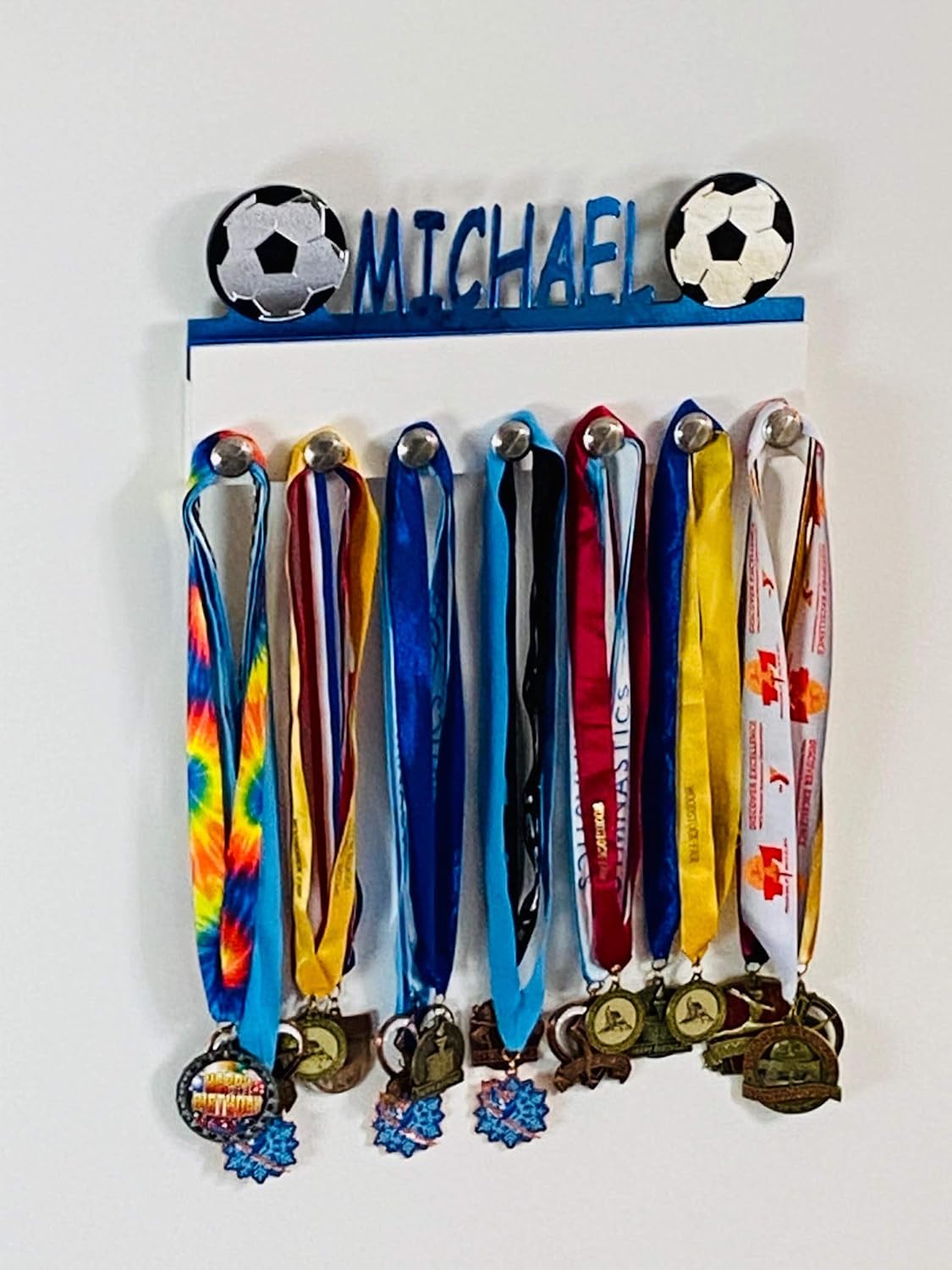 Custom Personalized Name Medal Holder Soccer Ball Sports Display Awards Wall Organizer Hanger Rack with Hooks for 60+ Medals, Ribbons, Sports 16'' Wide, Made To Order With Your Name On It