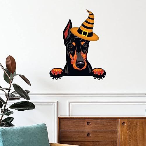 Miniatura 1 de Calcomanías de Halloween con diseño de bruja Doberman, bienvenida, Halloween, decoración de pared de perro Doberman, póster extraíble de vinilo para