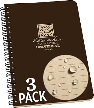 Rite in the Rain Weatherproof Side Spiral Notebook, 4.625" x 7", Brown Cover, Universal Pattern, 3 Pack No. 473L3