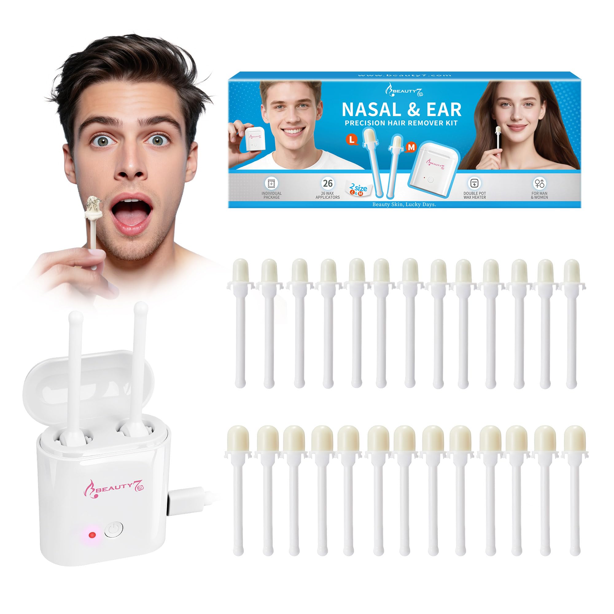Beauty7 Nose and Ear Wax Kit, 26 Bastoncini di Cera Preconfezionati Pronti all'uso, Scaldacera USB Portatile, Kit per Depilazione di Viso, Orecchie e Naso, Facile da Usare, Sicuro e Naturale