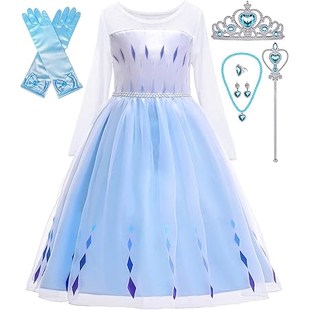 Amazon Axaxa アナと雪の女王2 エルサ風ドレス 子供 仮装 アクセサリー 7点セット コスプレ キッズコスチューム ワンピース イベント 衣装 舞台服 クリスマス ハロウィン 変装 誕生日 演出 衣装 プレゼント 110 ブルー ホワイト キッズコスチューム おもちゃ