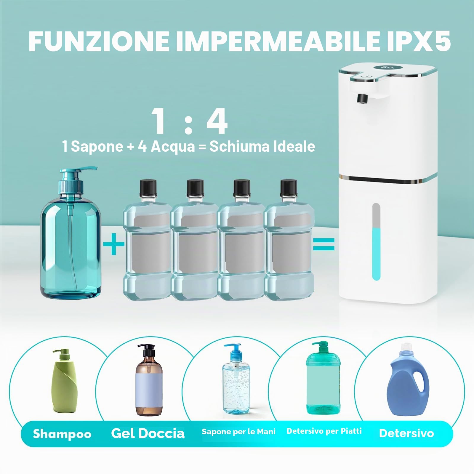 400ML Dispenser Sapone Automatico con Sensore con 2 ganci e cavo USB, 6 Livelli Regolabili Dispenser Sapone Bagno a Muro Bianco, IPX5 Impermeabile per Cucine, Bagno, Hotel, Ufficio, Servizi Iigienici