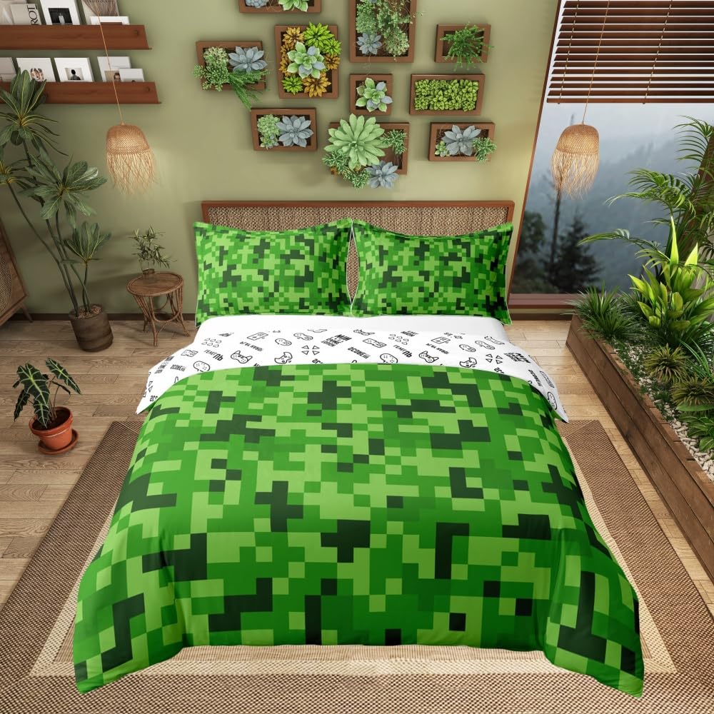 Castle Fairy Green Pixelated Theme Gamer 100% Natural Cotton Duvet Cover Queen Video Games Comforter Cover Cartoon Gamepad Bedding Set 3 Pcs Bed Cover