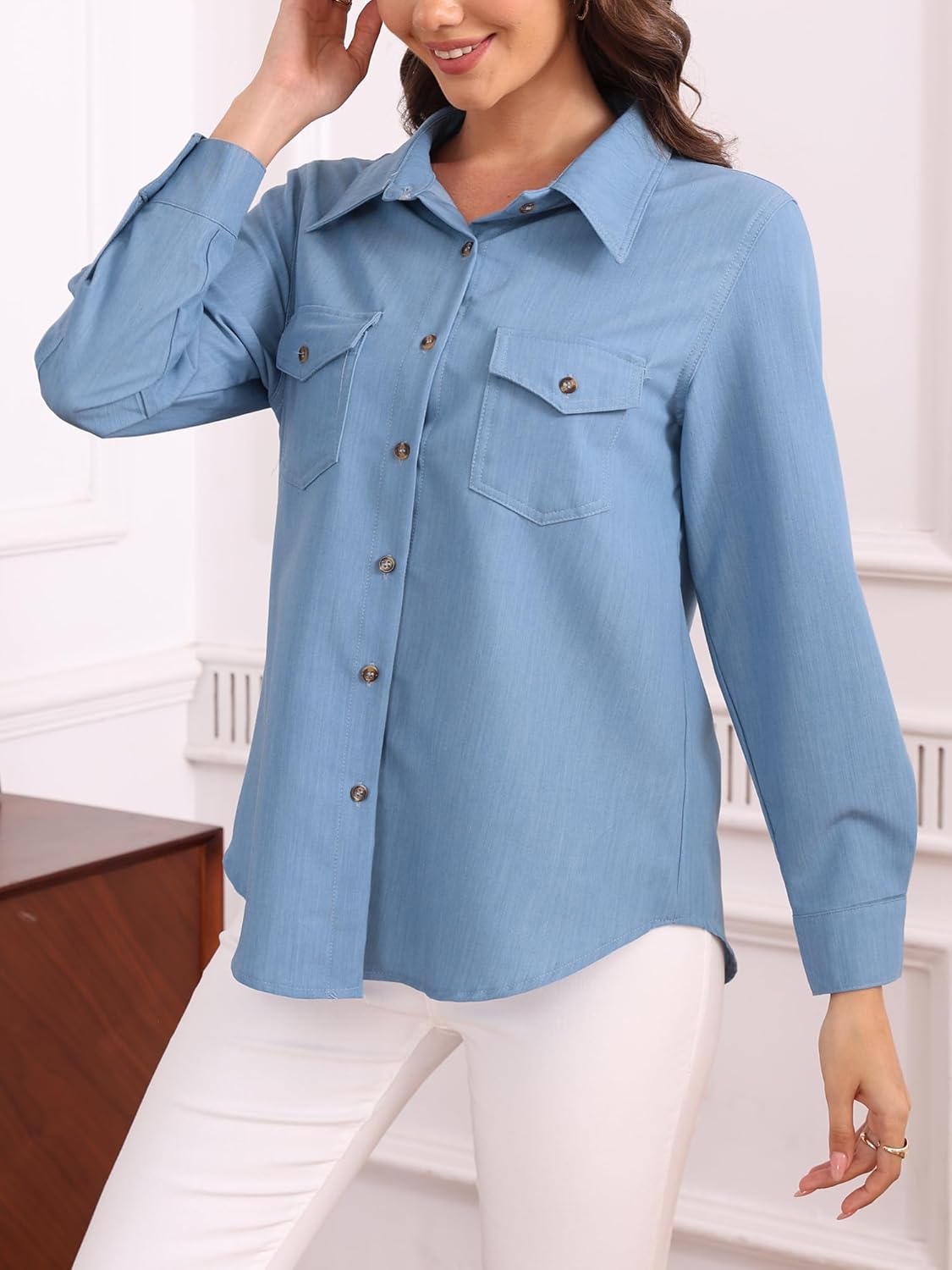 SUNNOW Women's Denim Shirt Button Down Blouse V Neck Casual Long Sleeve Tops Stretch Comfortable Shirt for Women - Image 2